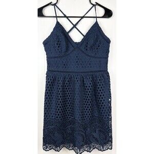 Abercrombie & Fitch Dress Medium Navy Blue Eyelet Crochet Lace Strappy Wedding